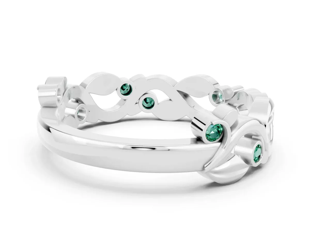 Round Green Sapphire Leaf Eternity Band with Bezel Setting White gold