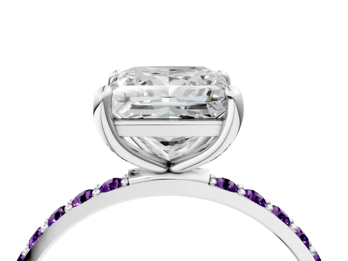 Princess Cut Diamond Solitaire Ring with Round Amethyst Pavé Band and Prong Setting Silver