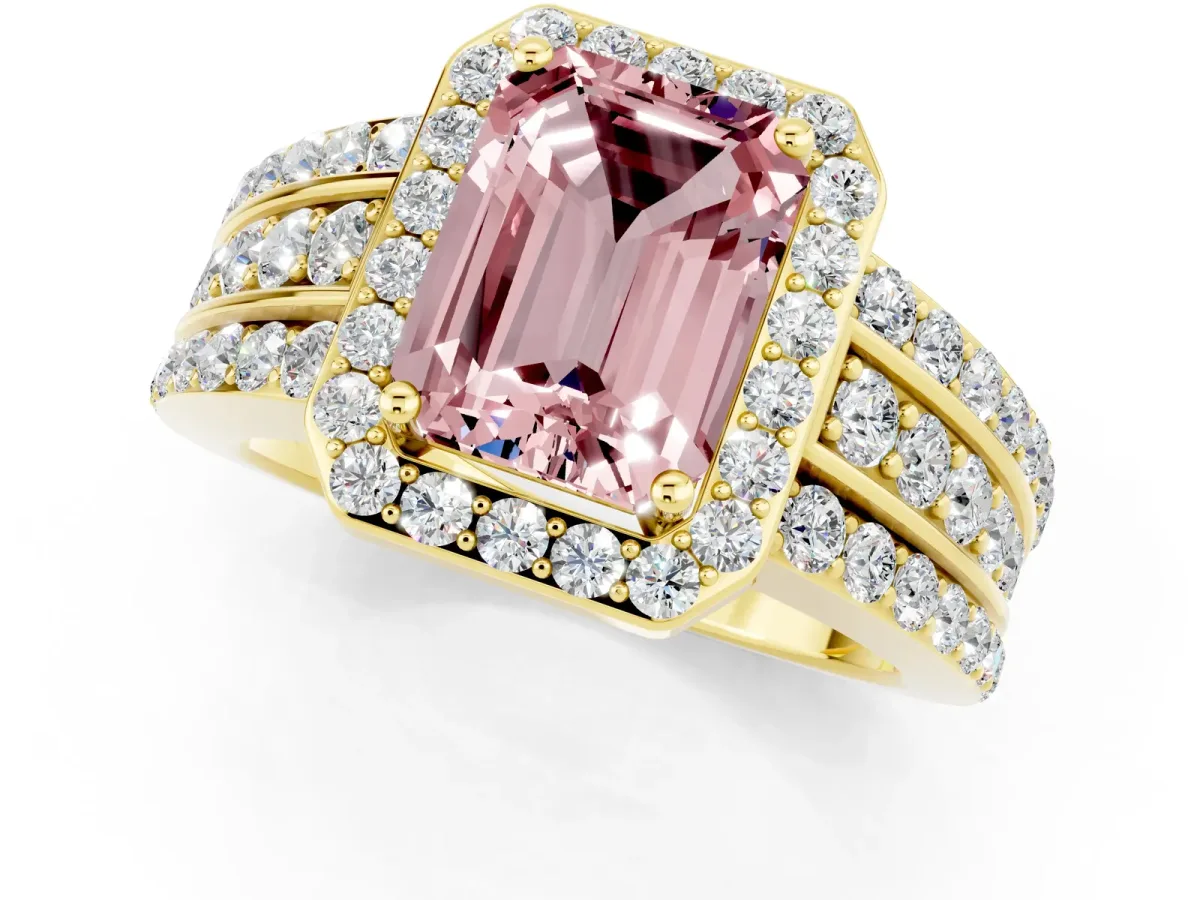 Emerald Cut Halo Morganite Ring with Round Split Shank and Prong Setting Yellow gold