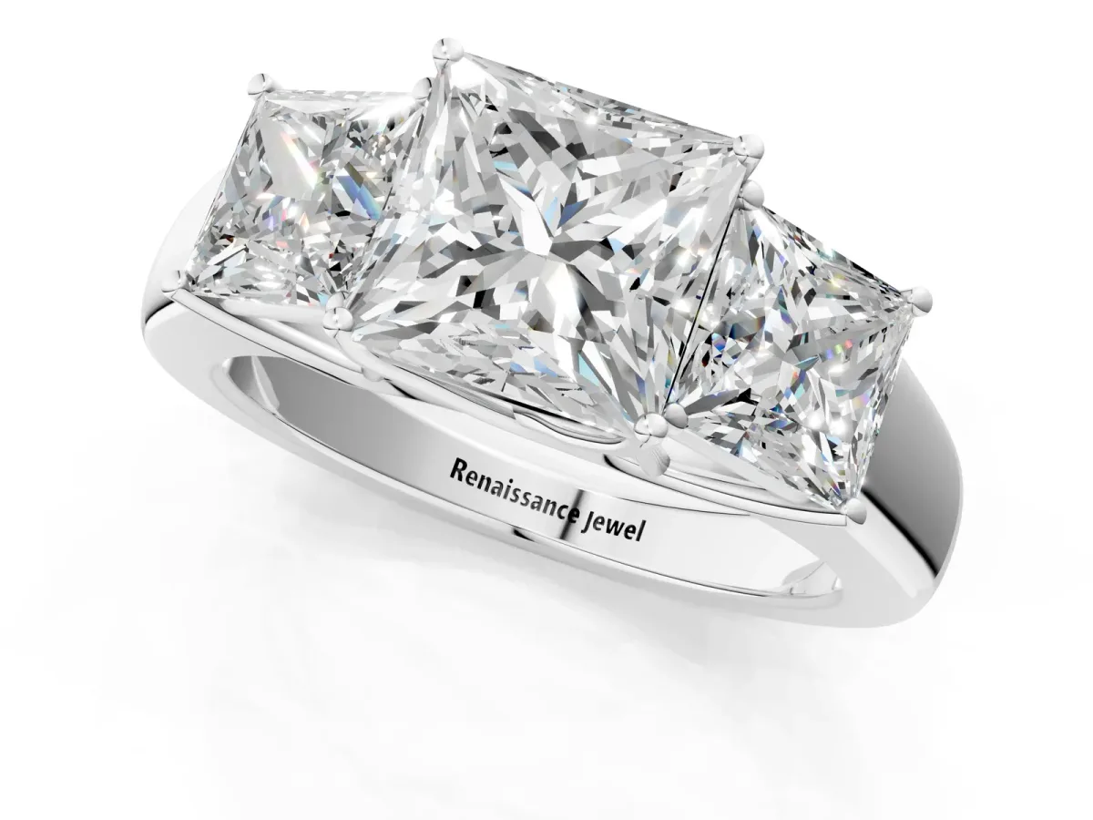 Three-Stone Princess Cut Cut Diamond Ring with Prong Setting and Classic Band White gold