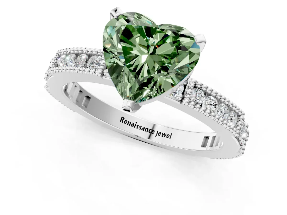 Fancy Green Heart Cut Solitaire with Pavé Band and Four-Prong Setting Silver