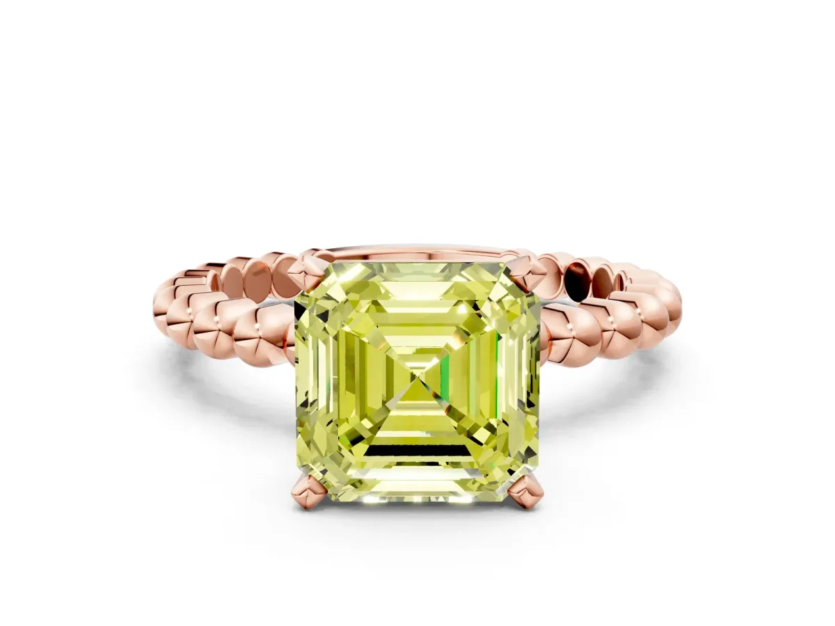 Fancy Yellow Asscher Cut Diamond Solitaire Ring with Beaded Band and Prong Setting Rose gold