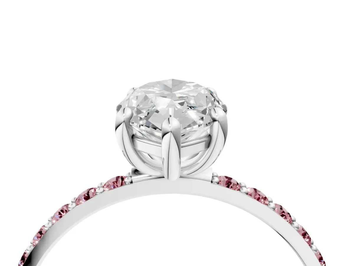 Marquise Cut Diamond Solitaire Ring with Round Morganite Pavé Band and Prong Setting Silver