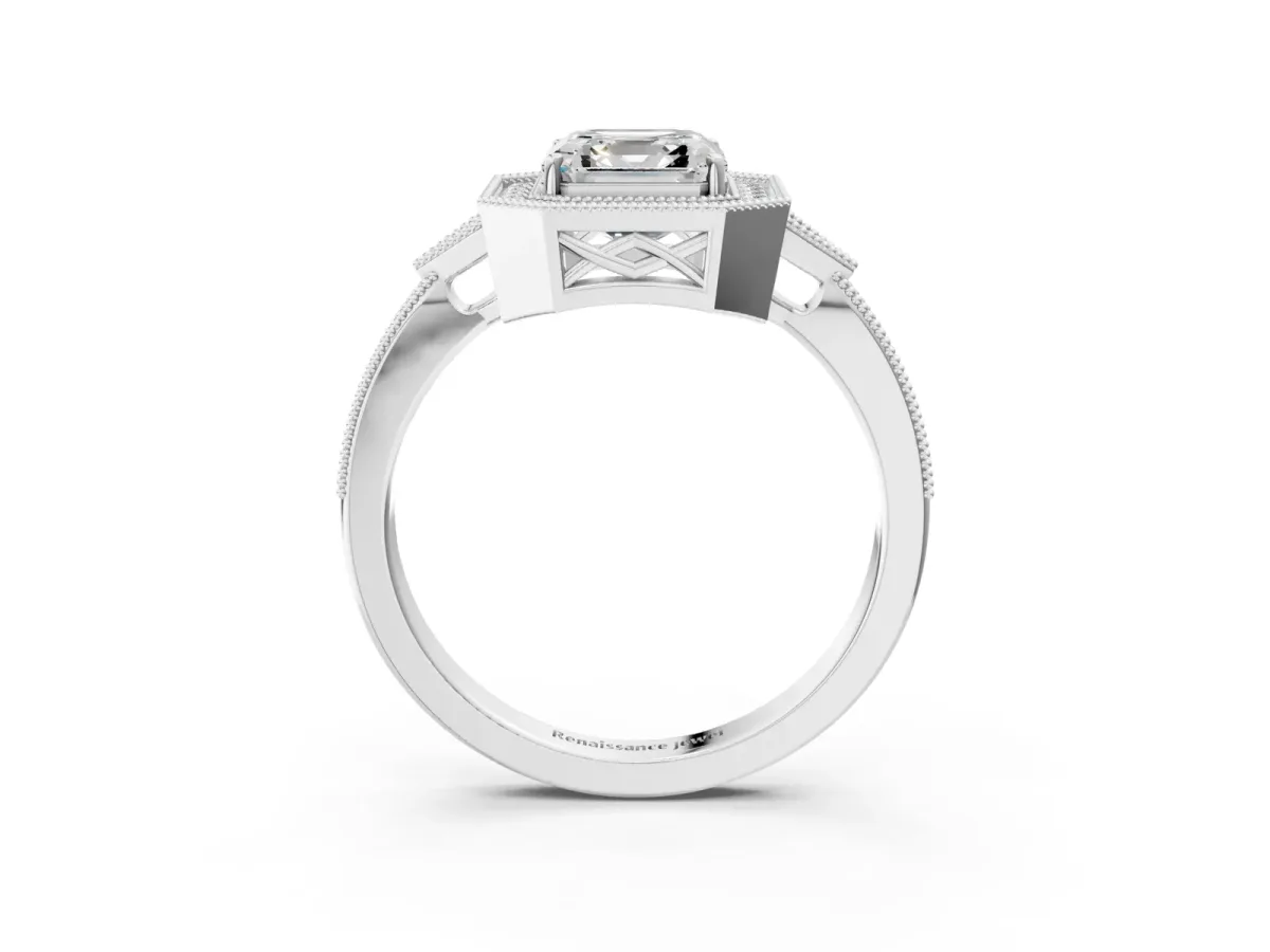 Asscher Cut Halo Round Diamond Milgrain Pave Engagement Ring Platinum