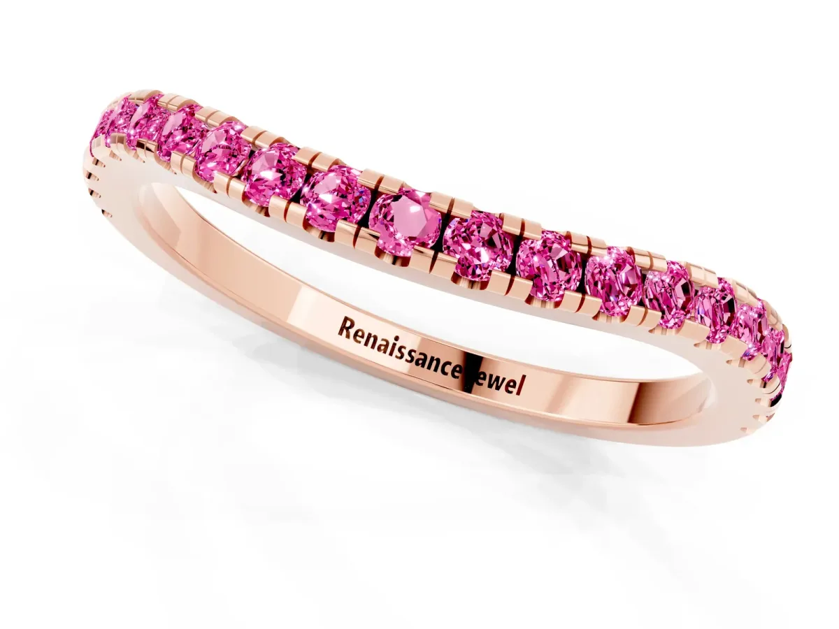 Round Pink Sapphire Pavé Half Eternity Band with Shared Prong Setting Rose gold