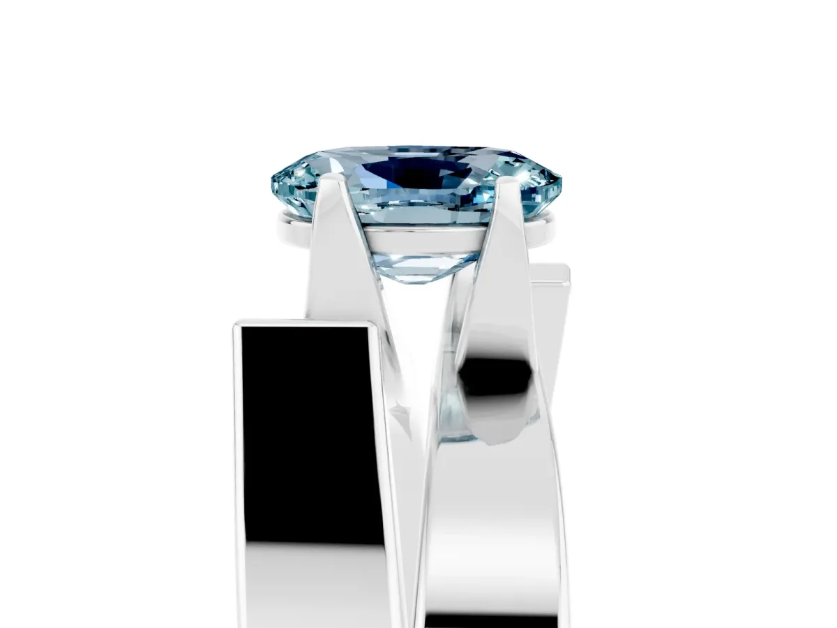 Modern Tension Set Oval Cut Aquamarine Solitaire Wide Band Ring Silver