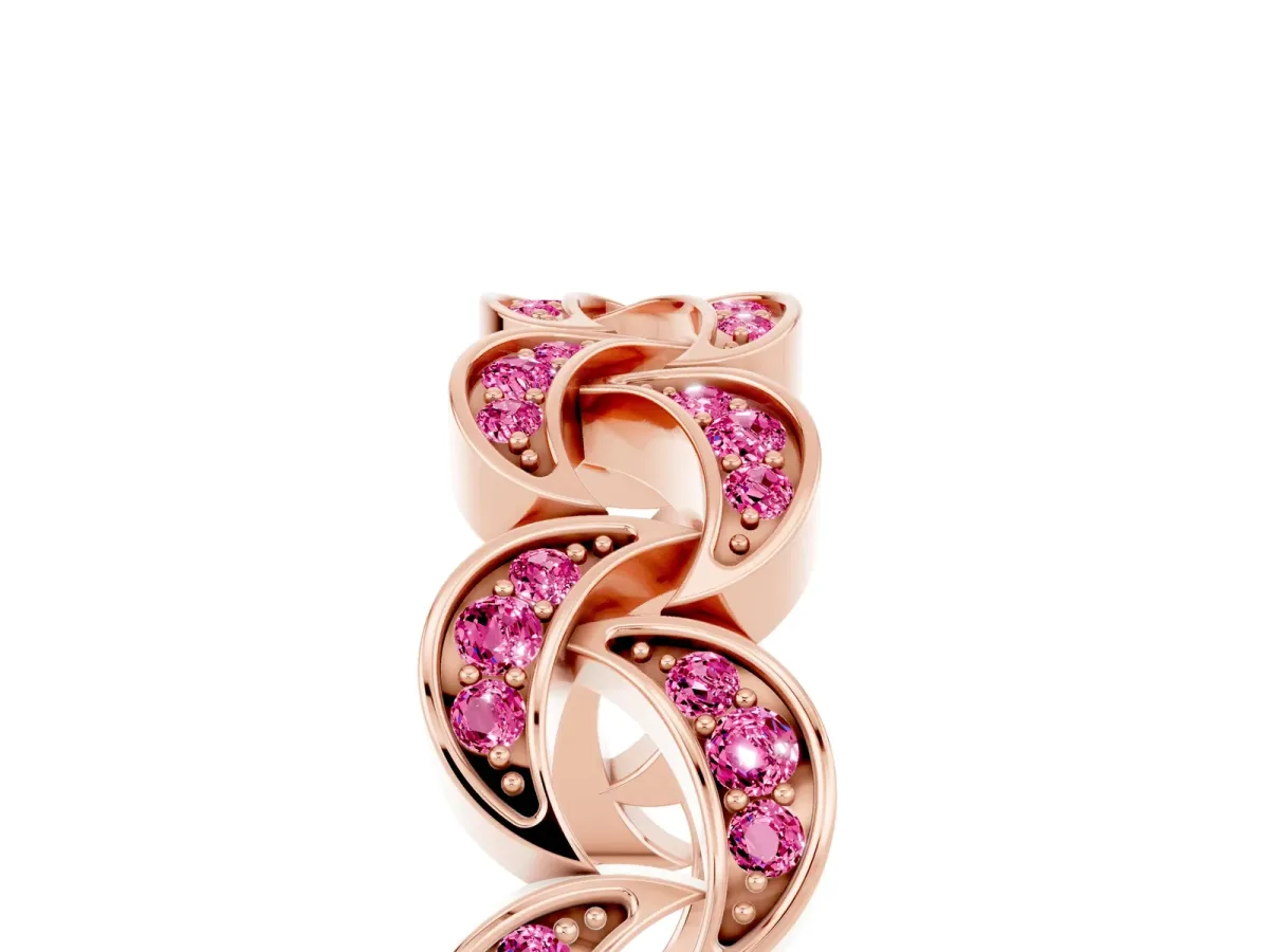 Pavé Round Pink Sapphire Interlocking Eternity Band with Bezel Prong Setting Rose gold