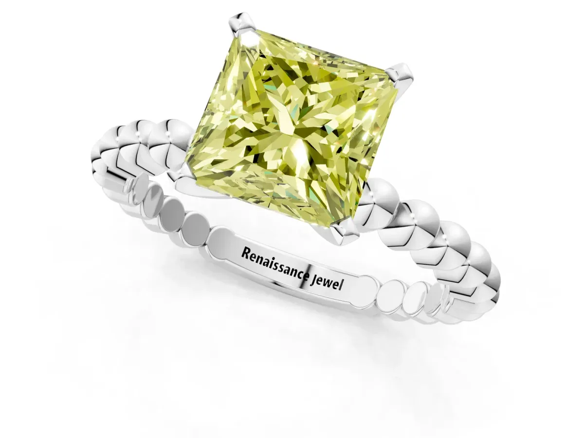 Fancy Yellow Princess Cut Diamond Solitaire Ring with Beaded Band and Prong Setting Silver