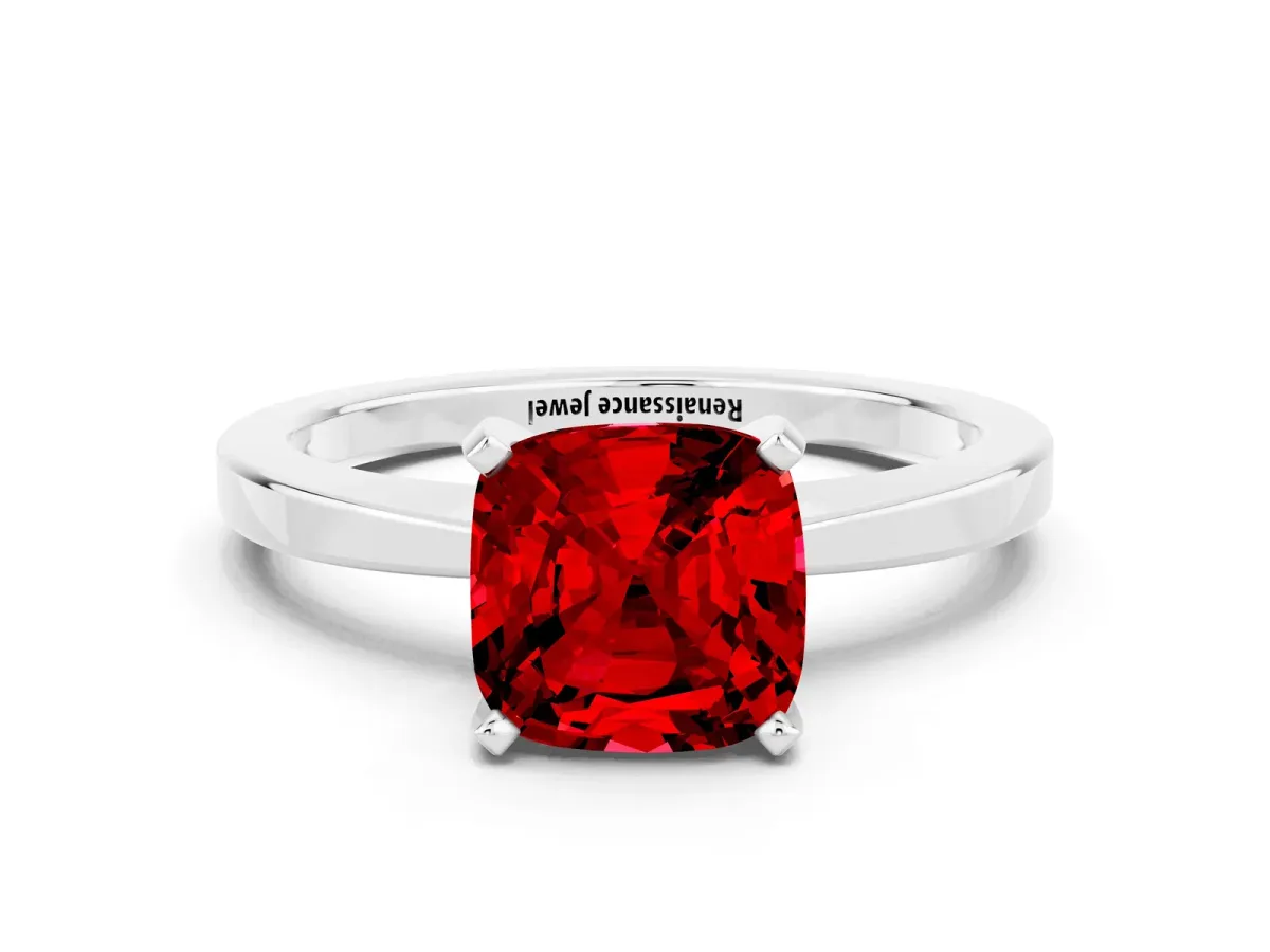 Cushion Cut Ruby Solitaire Engagement Ring with Classic Band and Four-Prong Setting White gold
