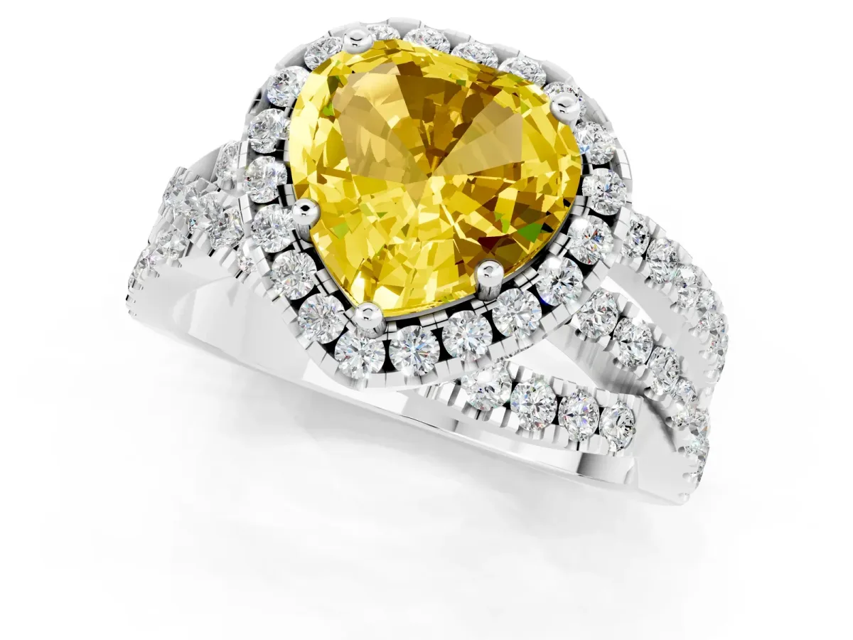 Heart Cut Yellow Sapphire Halo Ring with Round Split Shank and Prong Setting Platinum