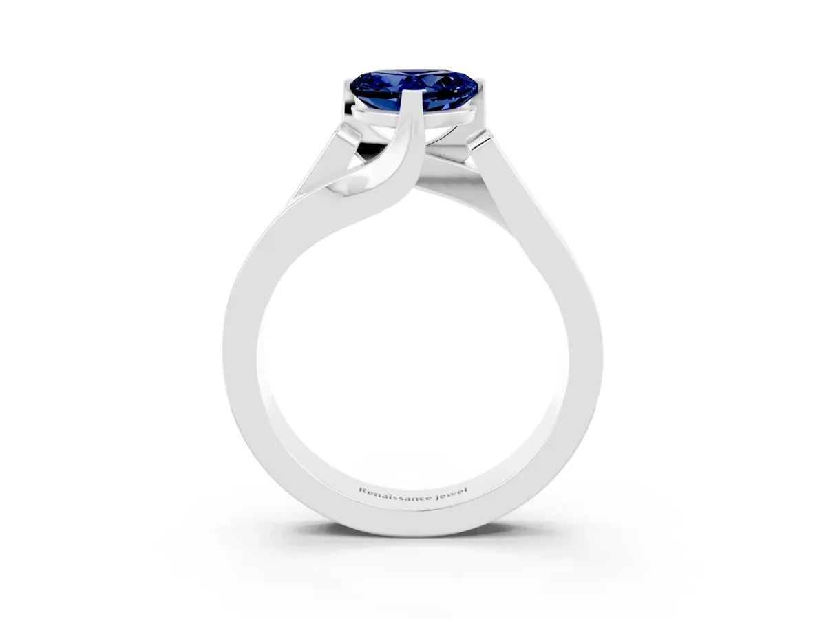 Modern Tension Set Heart Cut Blue Sapphire Solitaire Wide Band Ring Silver