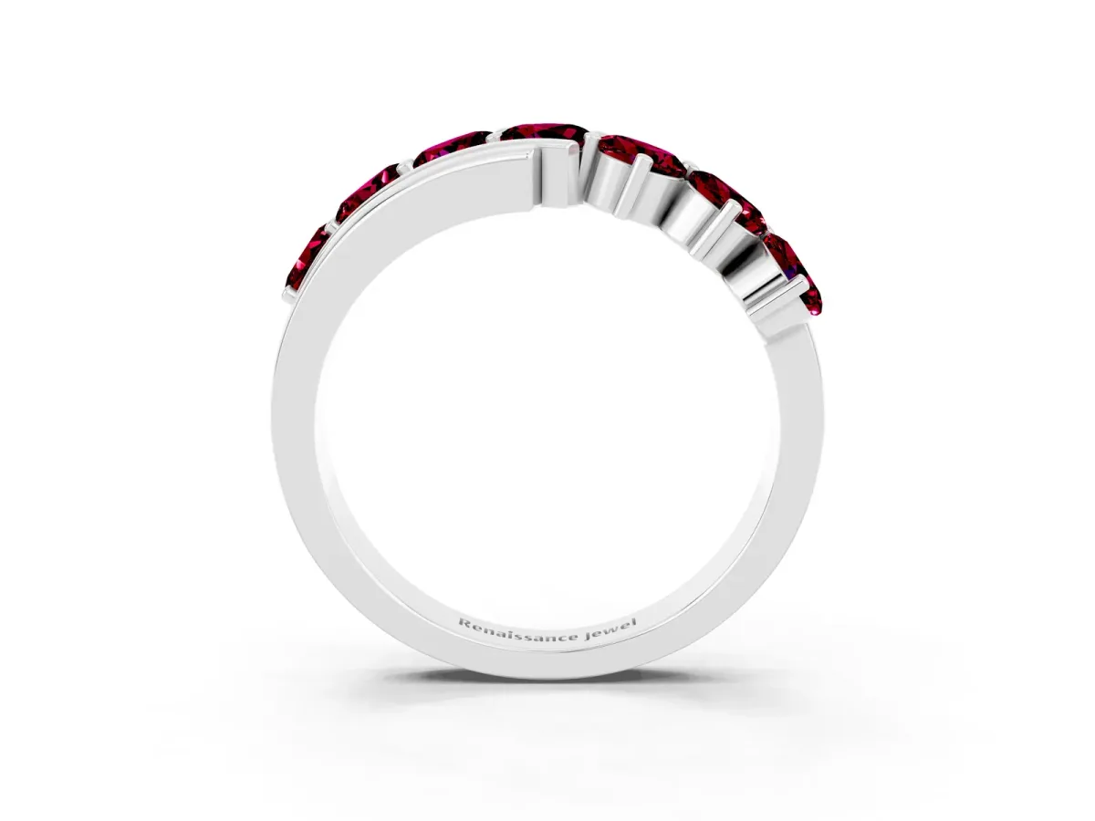 Round Garnet Wave Band with Channel and Shared Prong Setting Silver