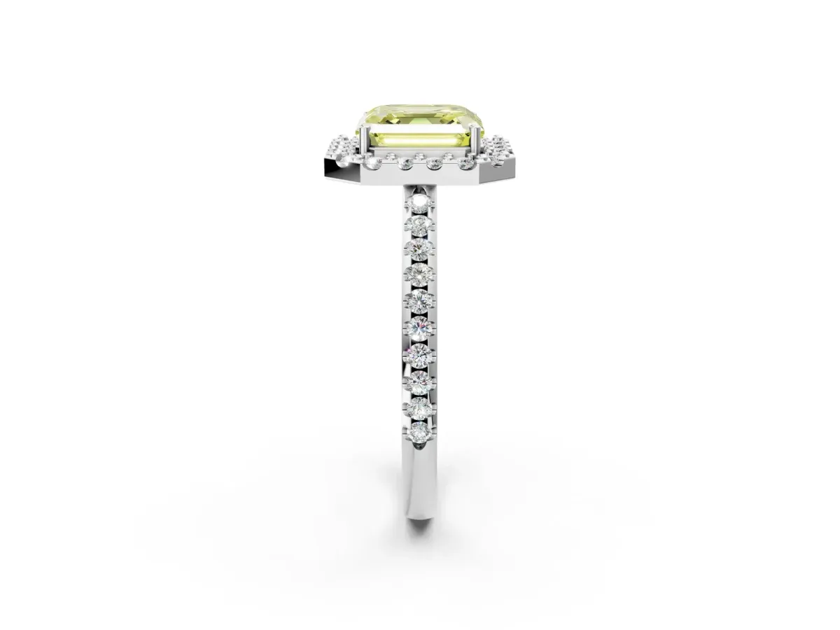 Fancy Yellow Asscher Cut Diamond Pavé Halo Ring with Four-Prong Setting Platinum