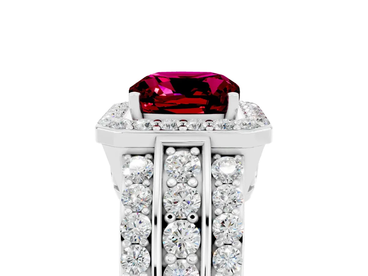 Cushion Cut Halo Garnet Ring with Round Split Shank and Prong Setting Silver