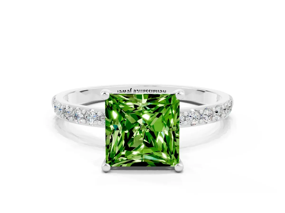 Princess Cut Peridot Solitaire Ring with Round Pavé Band and Prong Setting Silver