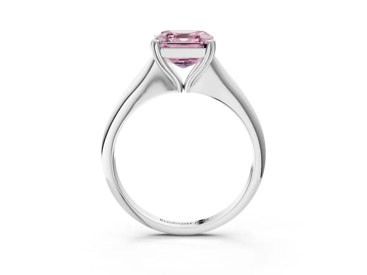 Fancy Pink Asscher Cut Solitaire Diamond Ring with Six-Prong Setting and Classic Band Platinum