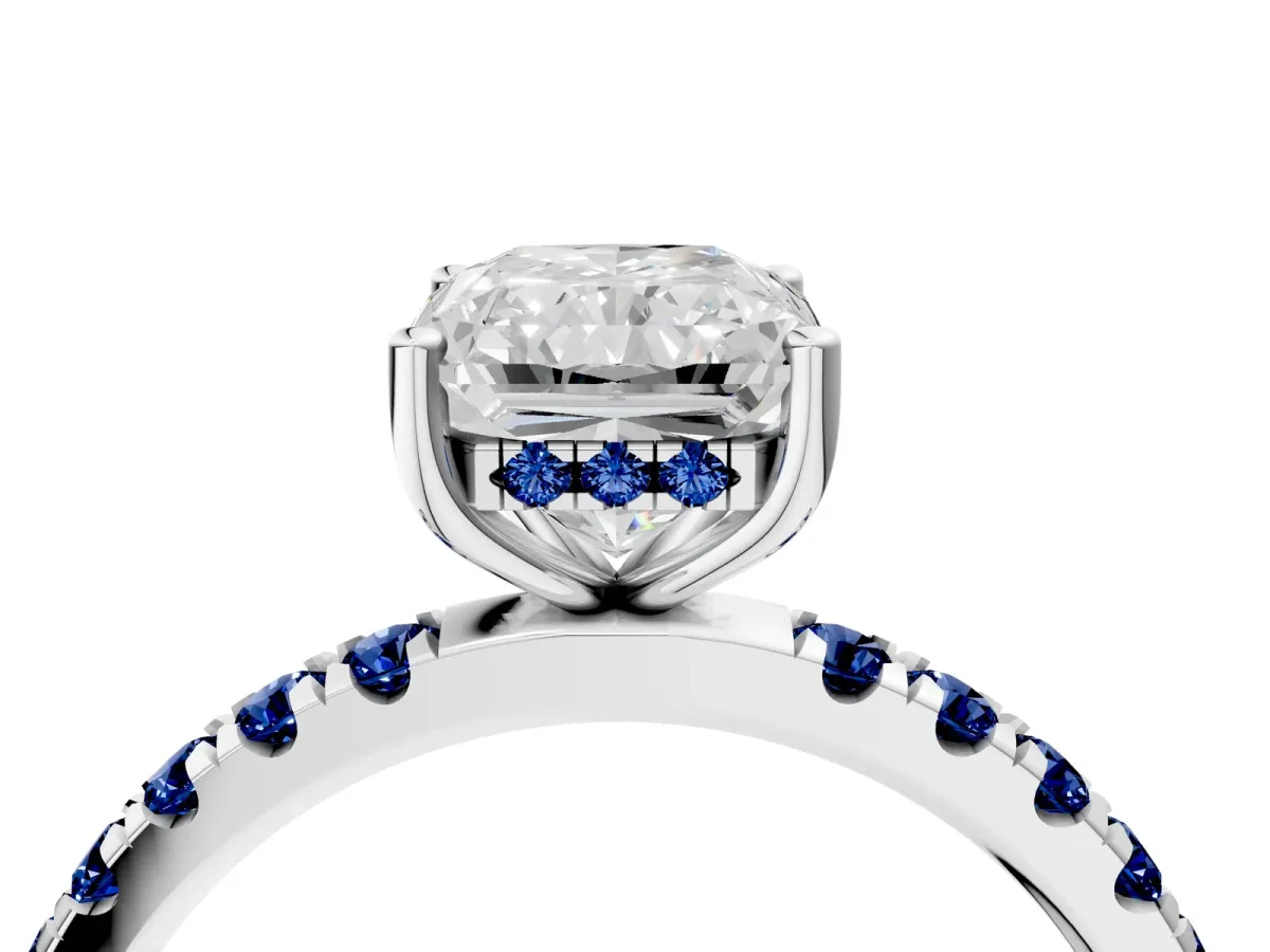 Radiant Cut Diamond Pave Band Solitaire Ring with Round Blue Sapphire and Prong Setting Silver