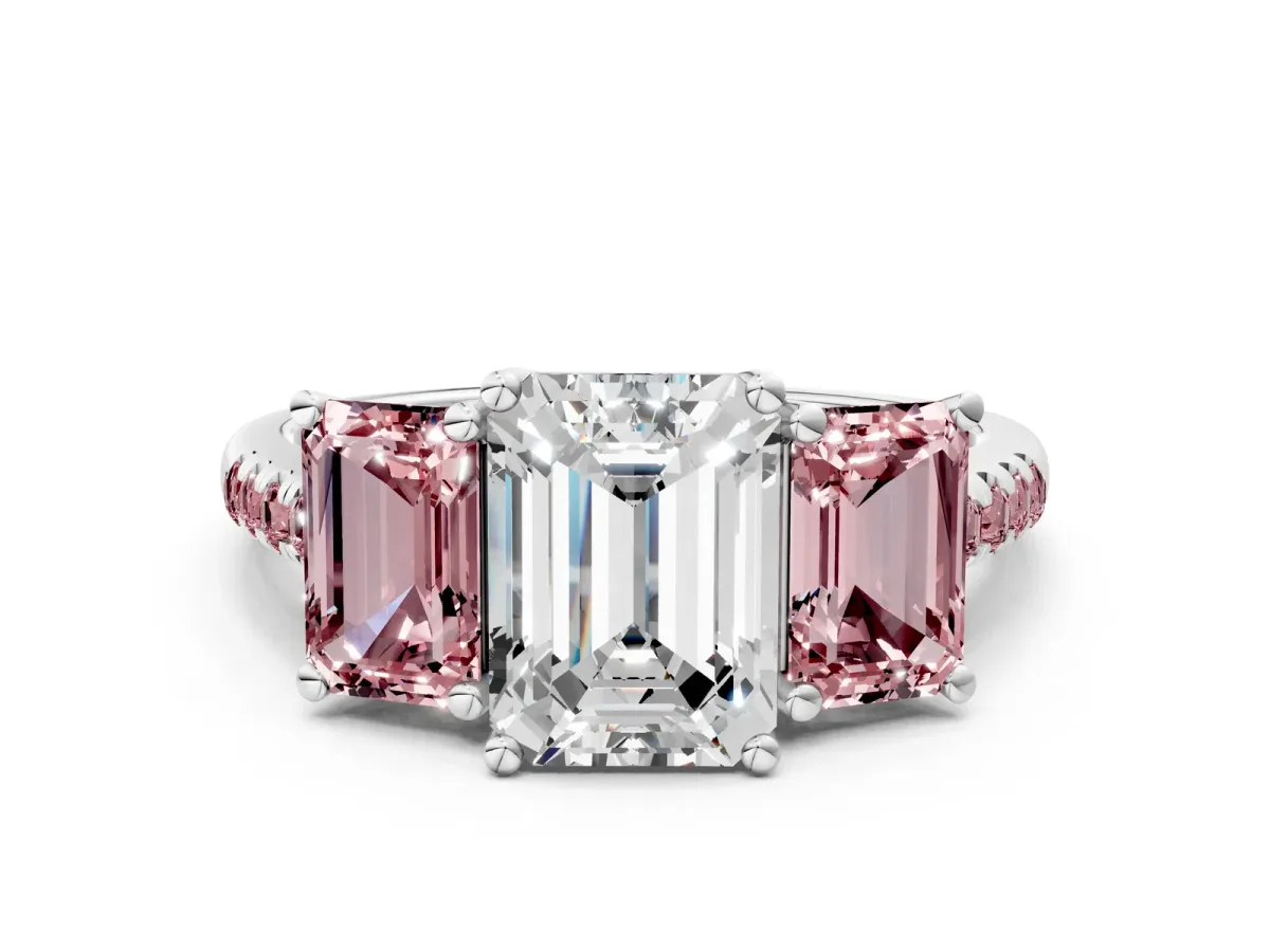 Three-Stone Emerald Cut Diamond Ring with Round Morganite Pavé Band and Prong Setting Silver