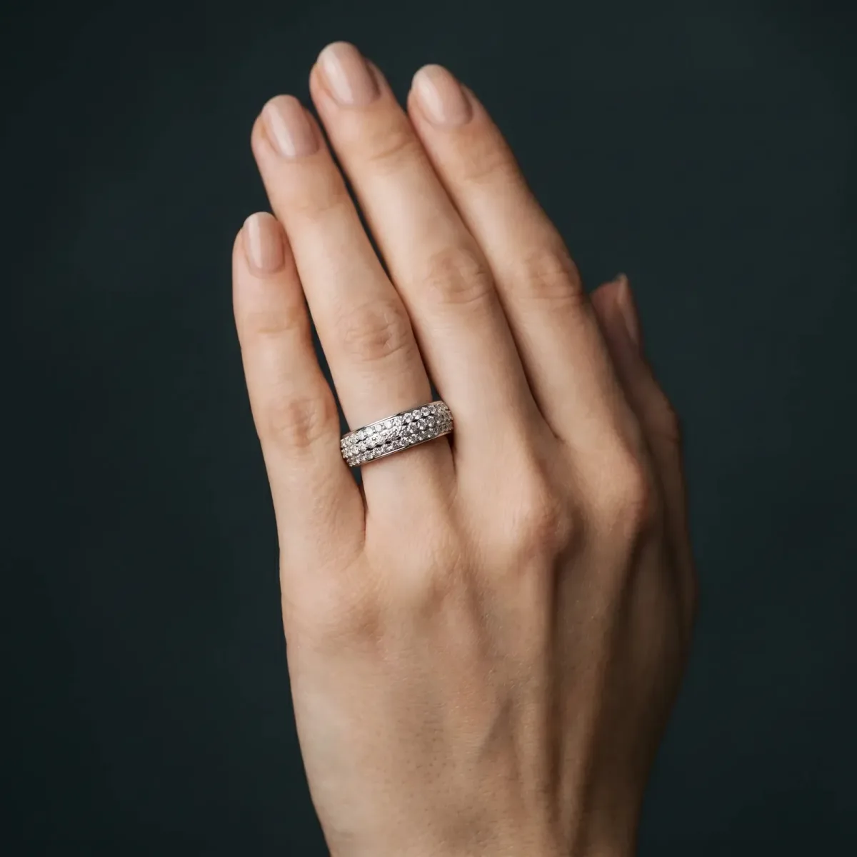 Three-Row Round Diamond Eternity Band with Shared Prong Setting Silver