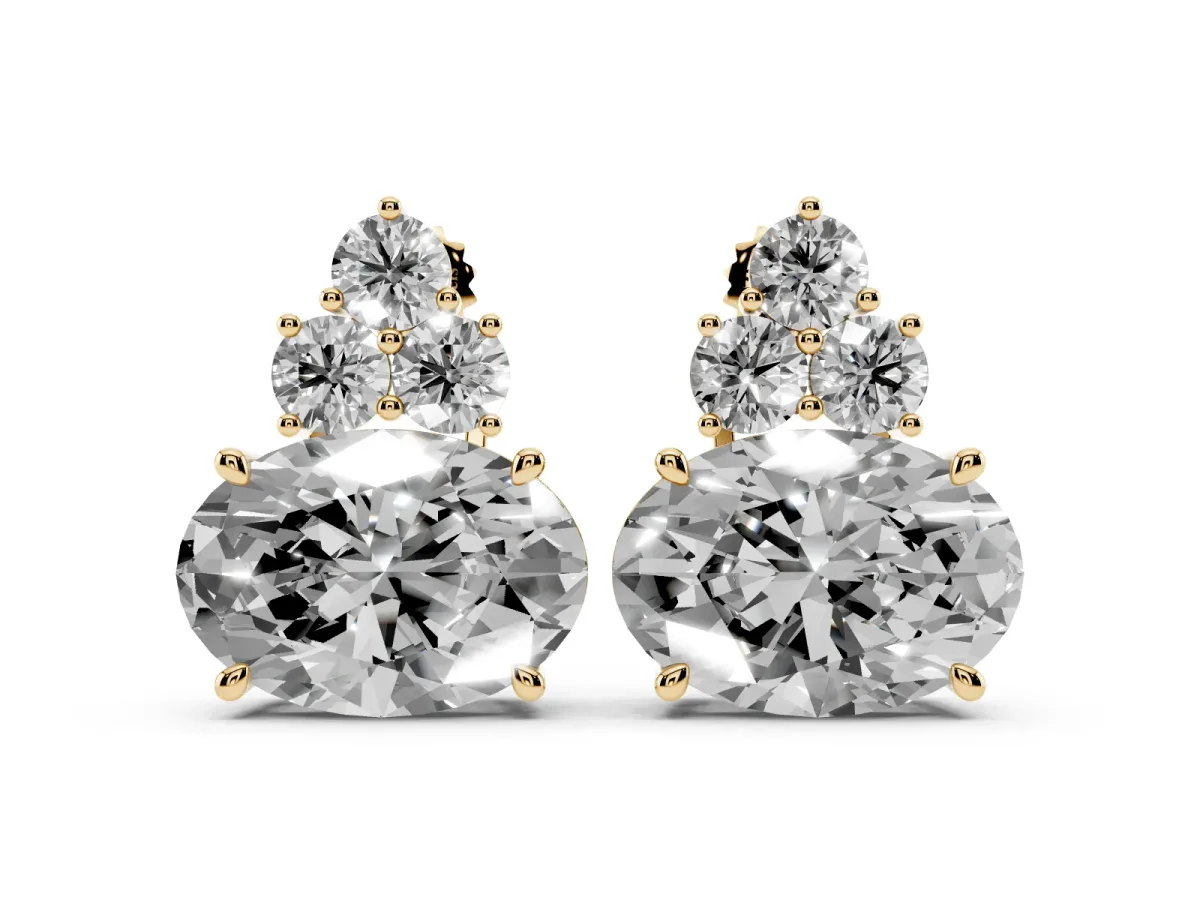 East-West Oval Diamond Cluster Stud Earrings with Round Diamond Accents Yellow gold