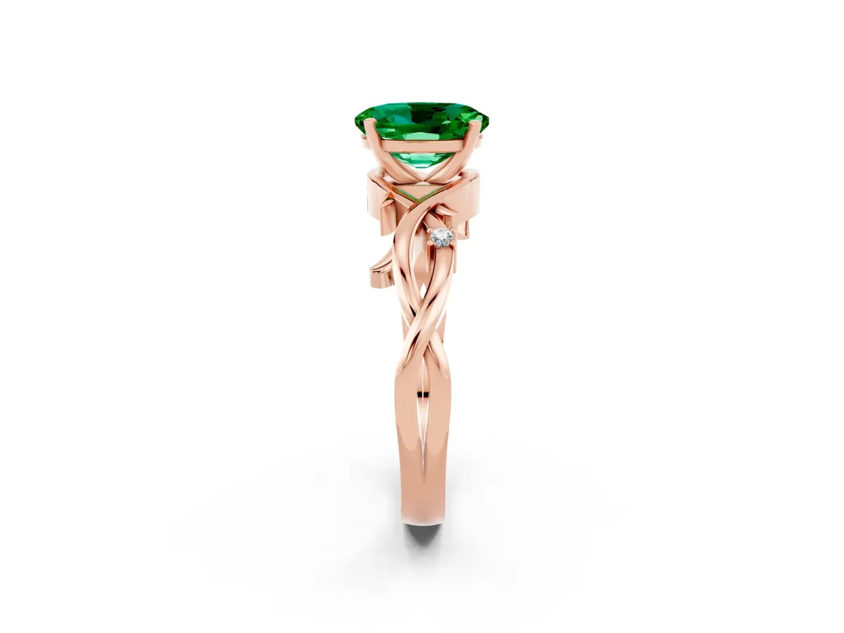 Oval Cut Emerald Solitaire Ring with Twisted Band and Prong Setting Rose gold