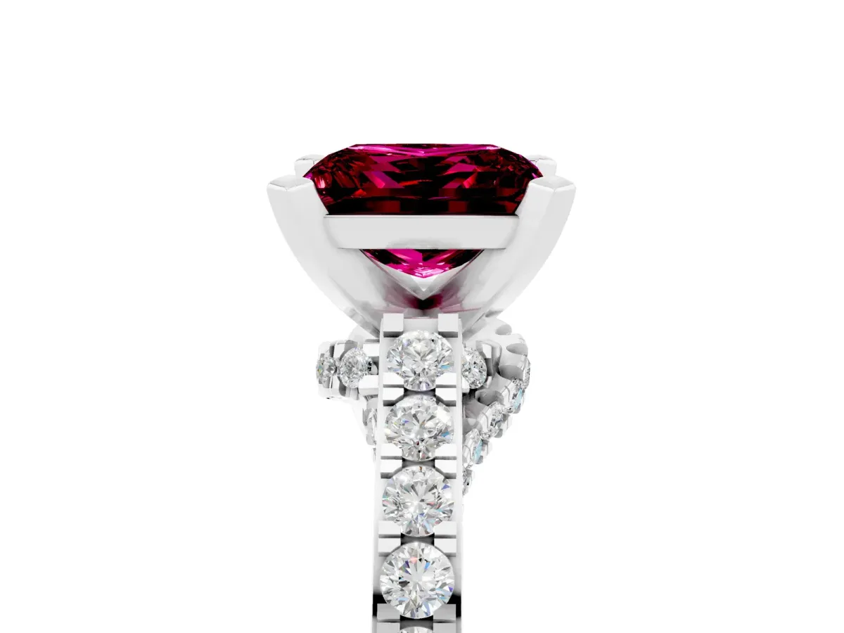 Princess Cut Garnet Solitaire Ring with Crossover Gallery and Round Pavé Band Silver