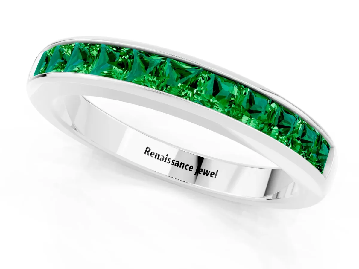 Channel Set Princess Cut Emerald Eternity Band Silver