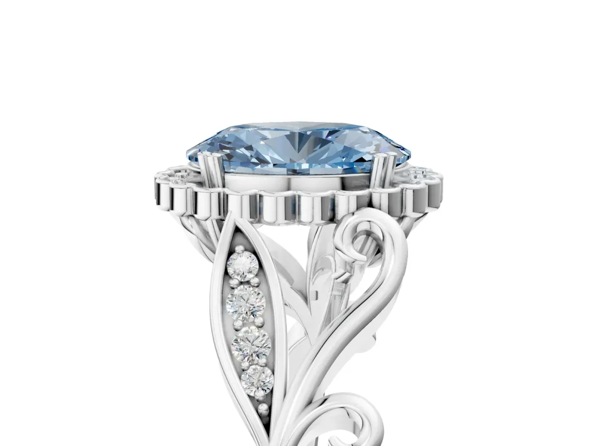 Fancy Blue Oval Cut Diamond Halo Ring with Vintage Split Shank and Four-Prong Setting Silver