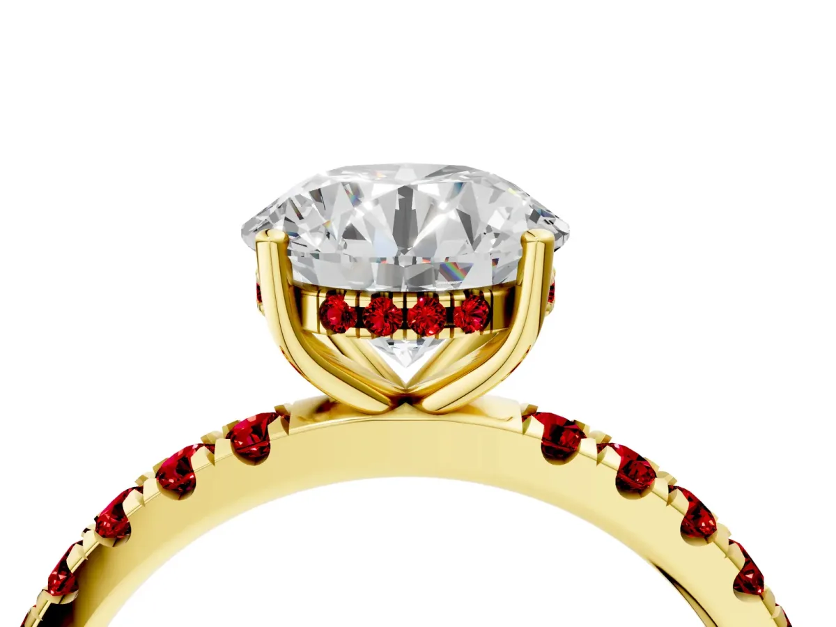Round Cut Diamond Pave Band Solitaire Ring with Round Ruby and Prong Setting Yellow gold