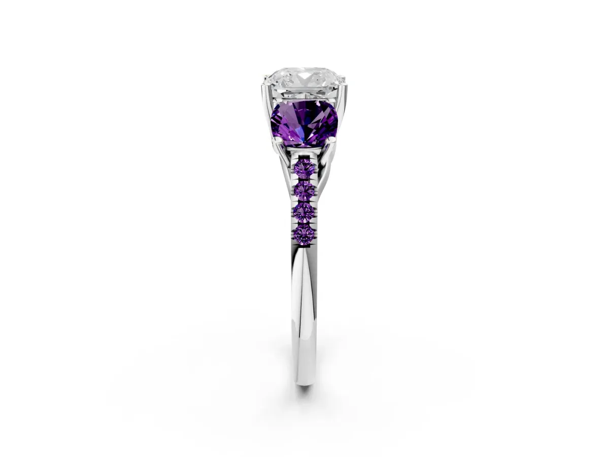 Three-Stone Cushion Cut Diamond Ring with Round Amethyst Pavé Band and Prong Setting Silver