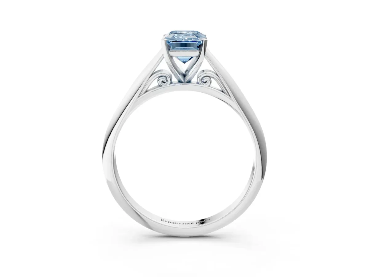 Fancy Blue Emerald Cut Diamond Solitaire Engagement Ring with Cathedral Setting and Four-Prong Mount White gold
