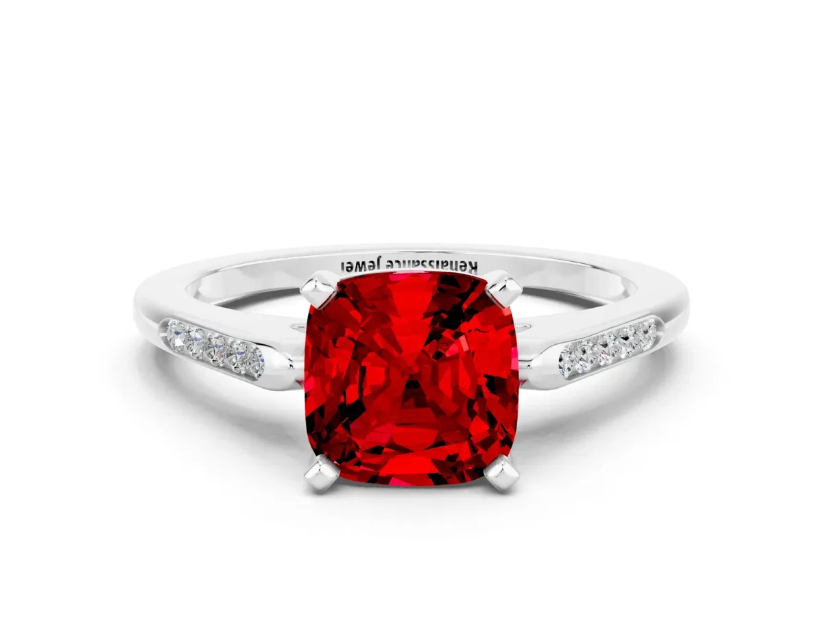 Cushion Cut Ruby Solitaire Ring with Channel Set Round Band and Prong Setting White gold