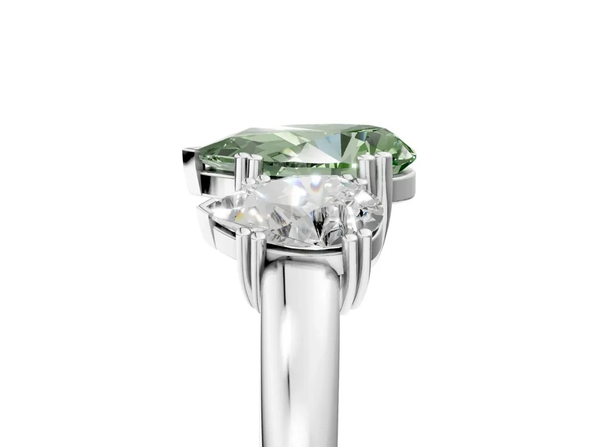 Fancy Green Three-Stone Pear Cut Cut Diamond Ring with Channel Set Band and Four-Prong Setting Silver