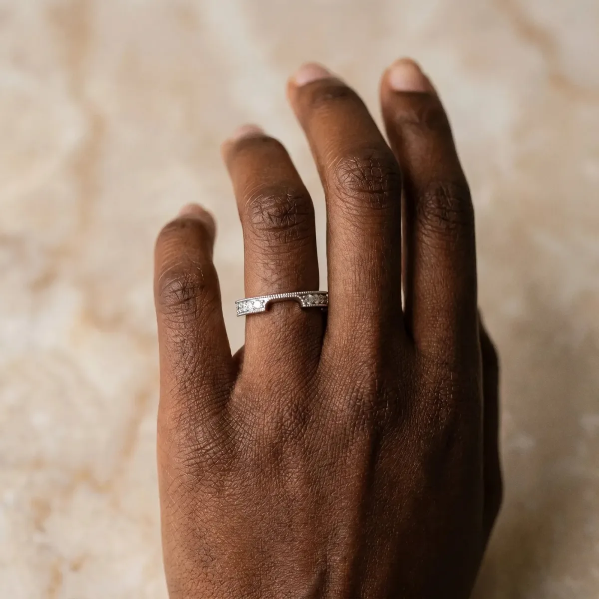 Round Cut Pavé Diamond Contour Band with Milgrain Detailing Silver
