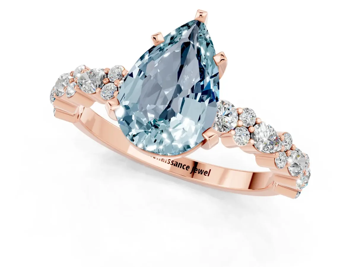 Pear Cut Aquamarine Side Stone Solitaire Ring with Round and Four-Prong Setting Rose gold