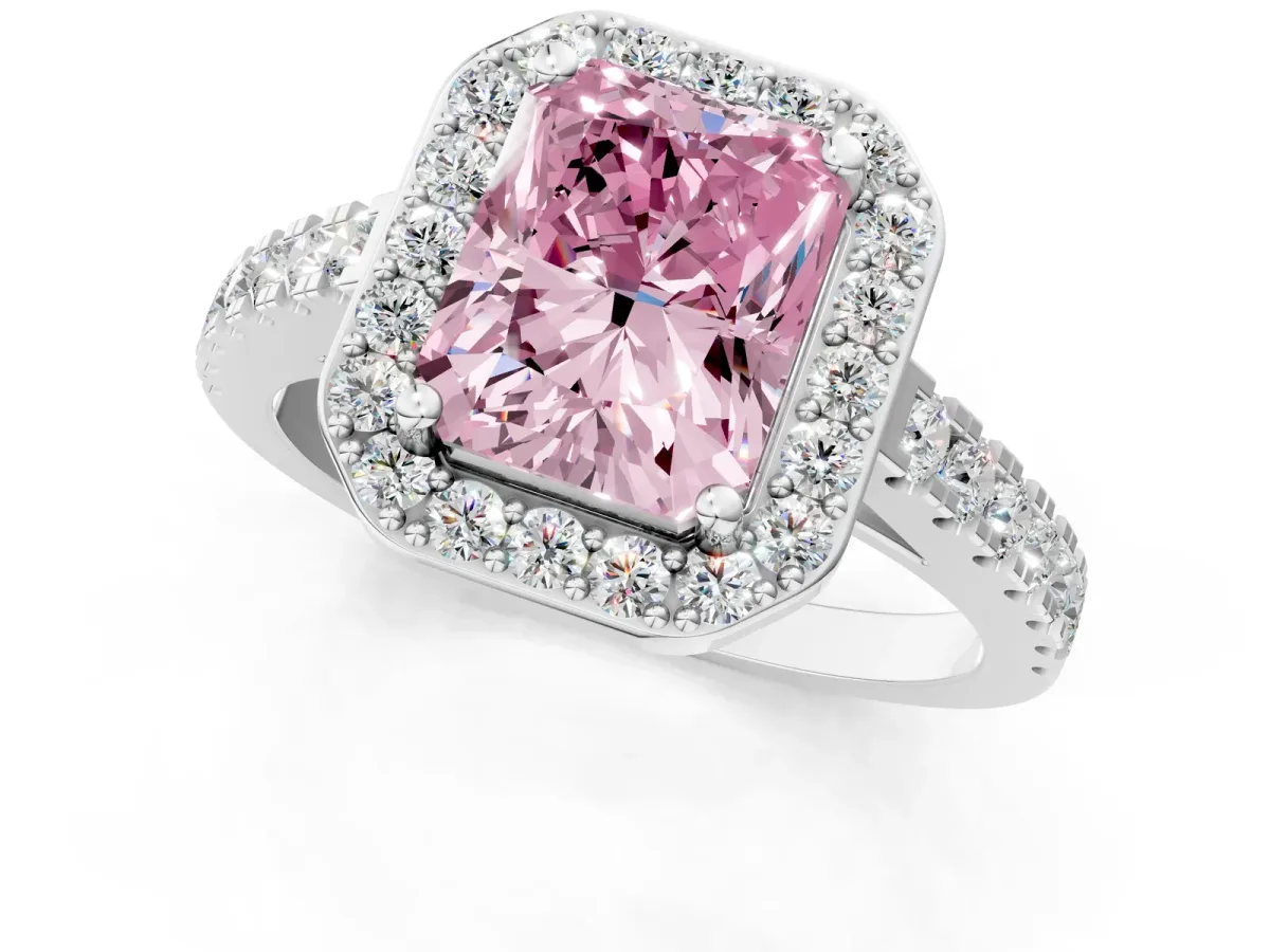 Fancy Pink Radiant Cut Diamond Halo Ring with Round Pavé Split Shank and Prong Setting Platinum