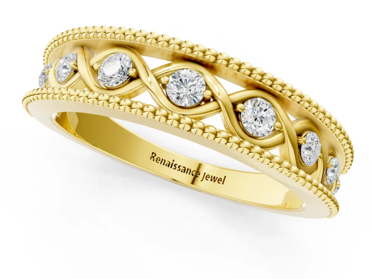 Round Diamond Twist Milgrain Band with Bezel Setting Yellow gold