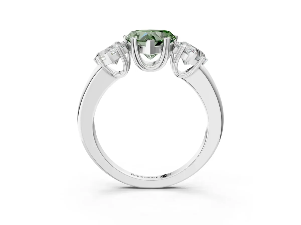 Fancy Green Three-Stone Heart Cut Cut Diamond Ring with Channel Set Band and Four-Prong Setting Silver