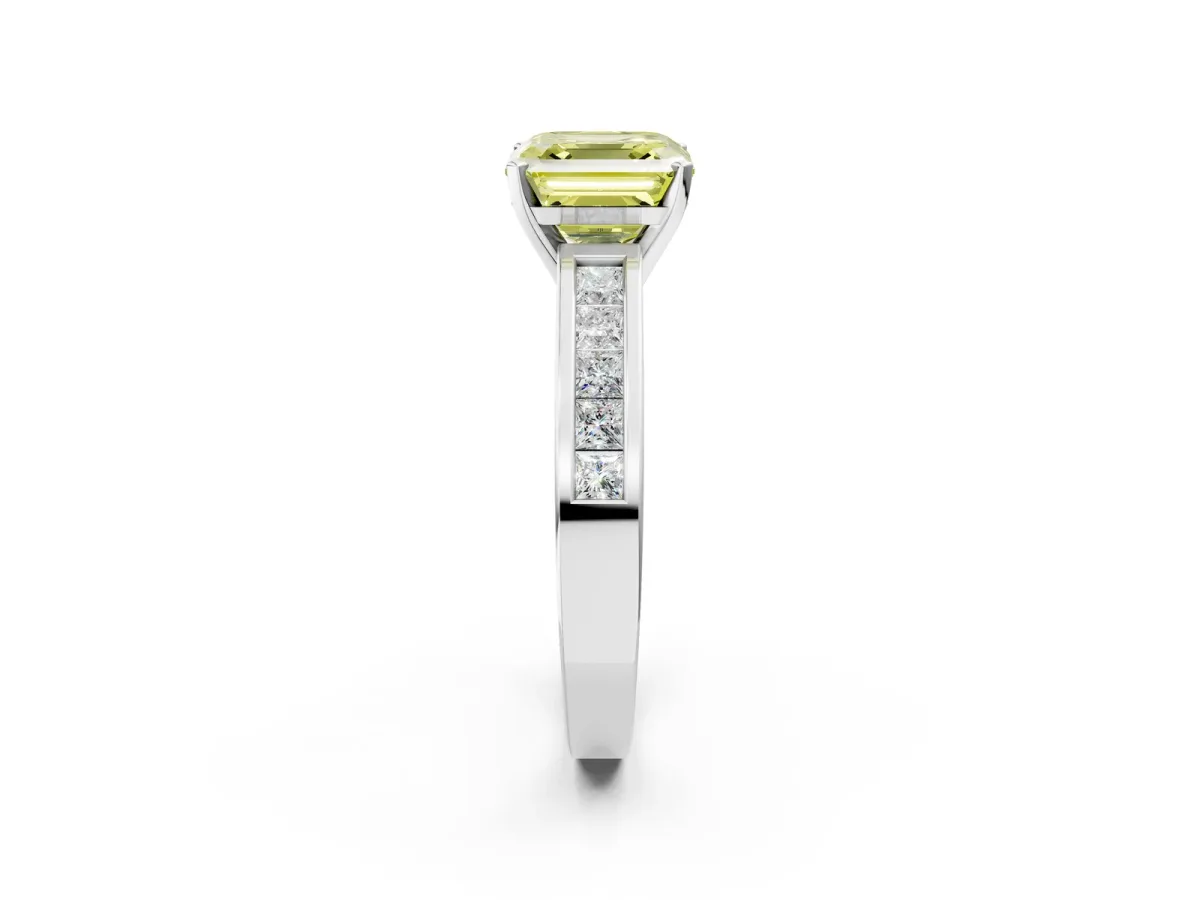 Fancy Yellow Asscher Cut Solitaire Diamond Ring with Channel-Set Band and Four-Prong Setting Platinum