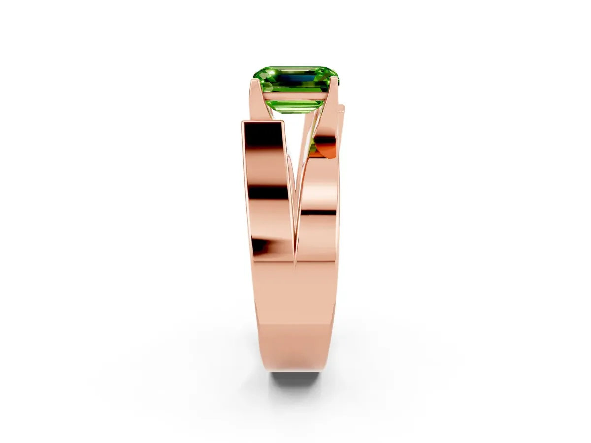 Modern Tension Set Emerald Cut Peridot Solitaire Wide Band Ring Rose gold