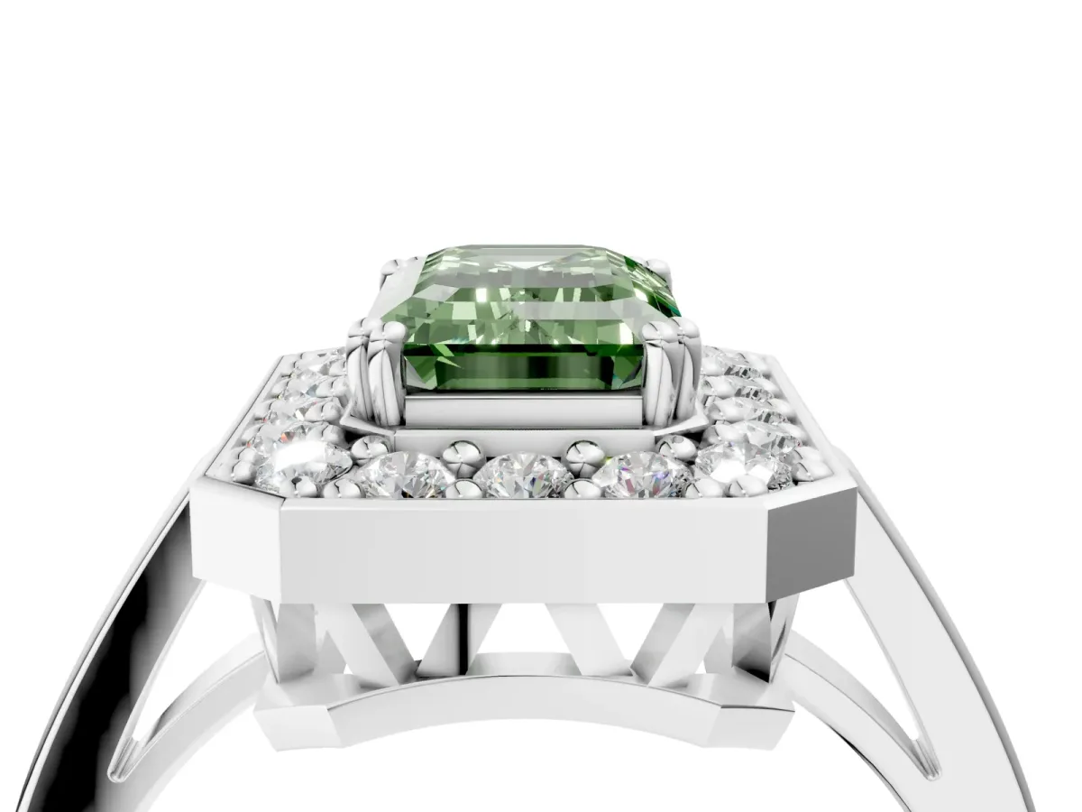 Fancy Green Emerald Cut Diamond Halo Ring with Split Shank and Four-Prong Setting White gold