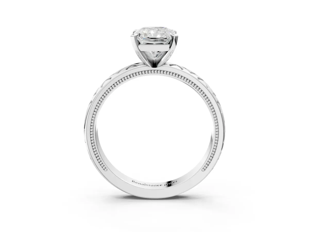 Radiant Cut Solitaire Diamond Ring with Milgrain and Black Enamel X Pattern Band Platinum