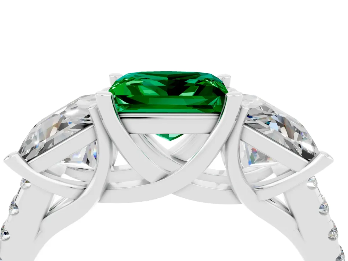 Three-Stone Princess Cut Emerald Ring with Round Pavé Band and Prong Setting Silver
