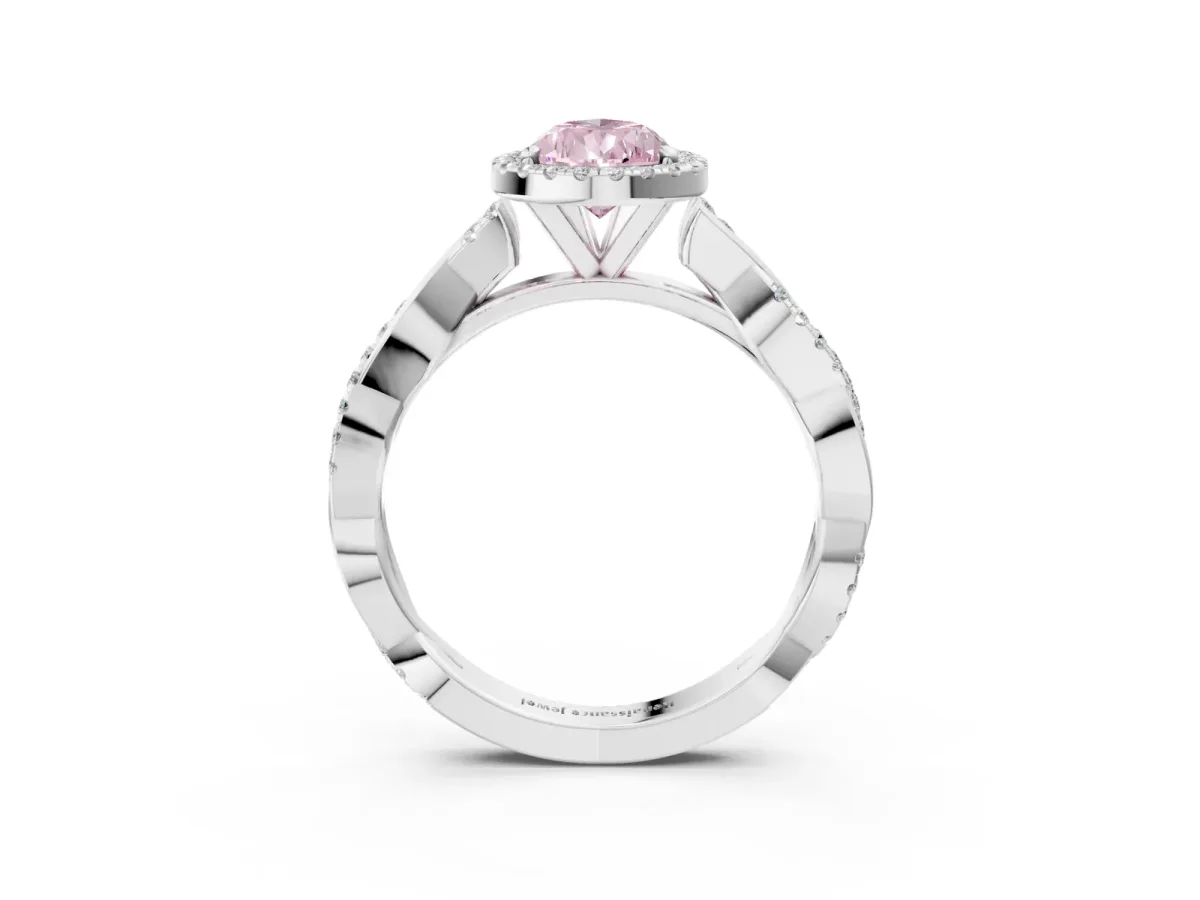Fancy Pink Pear Cut Cut Halo Twisted Band Four-Prong Ring Platinum