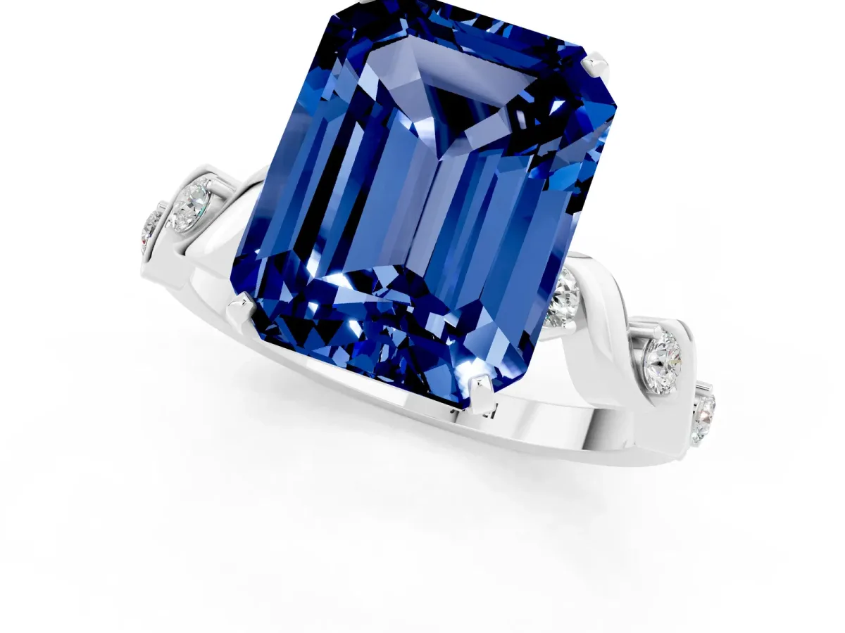 Emerald Cut Blue Sapphire Solitaire Twisted Band with Round Accents and Prong Setting Silver