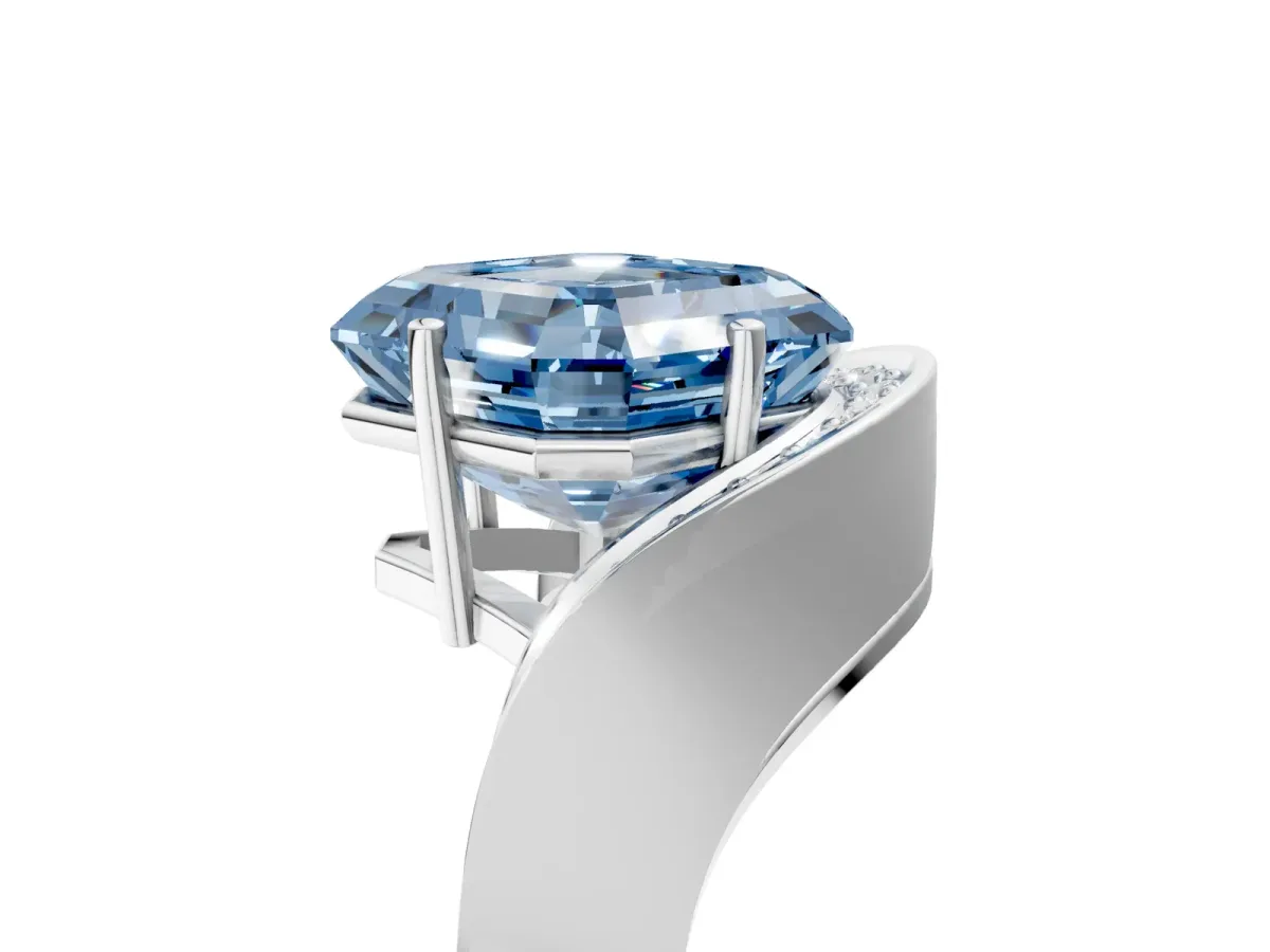 Fancy Blue Asscher Cut Solitaire Diamond Engagement Ring with Pave Band and Four-Prong Setting Silver