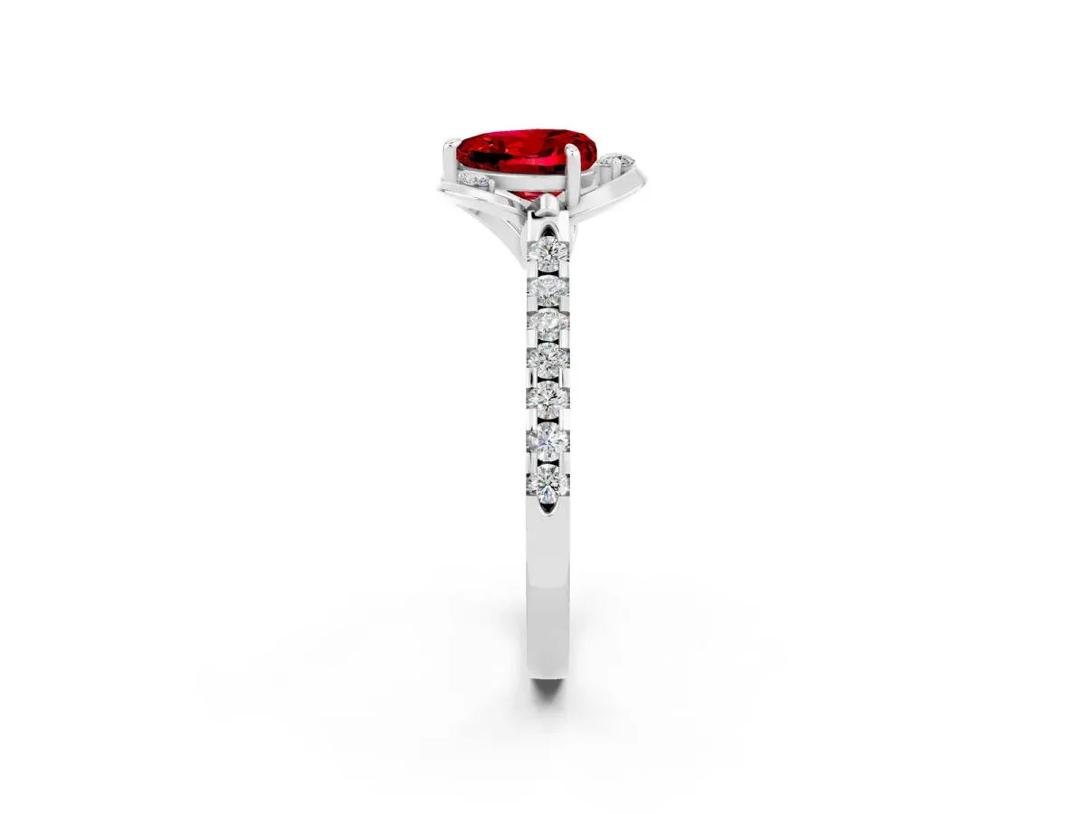 Heart Cut Ruby Ring with Pavé Band and Floral Prong Setting Silver