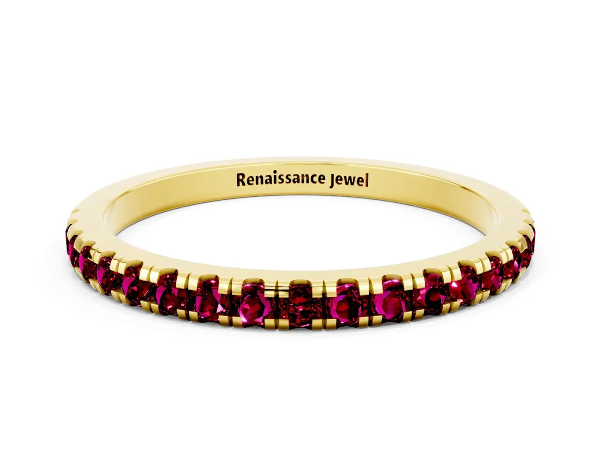 Pavé Round Garnet Half Eternity Band with Shared Prong Setting Yellow gold