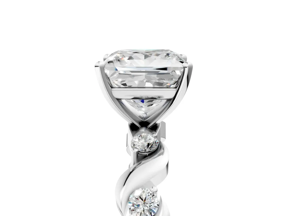 Princess Cut Diamond Solitaire Twisted Band with Round Accents and Prong Setting Silver