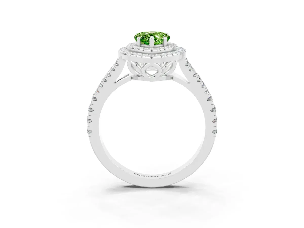 Pear Cut Peridot Double Halo Ring with Pavé Band and Prong Setting Silver